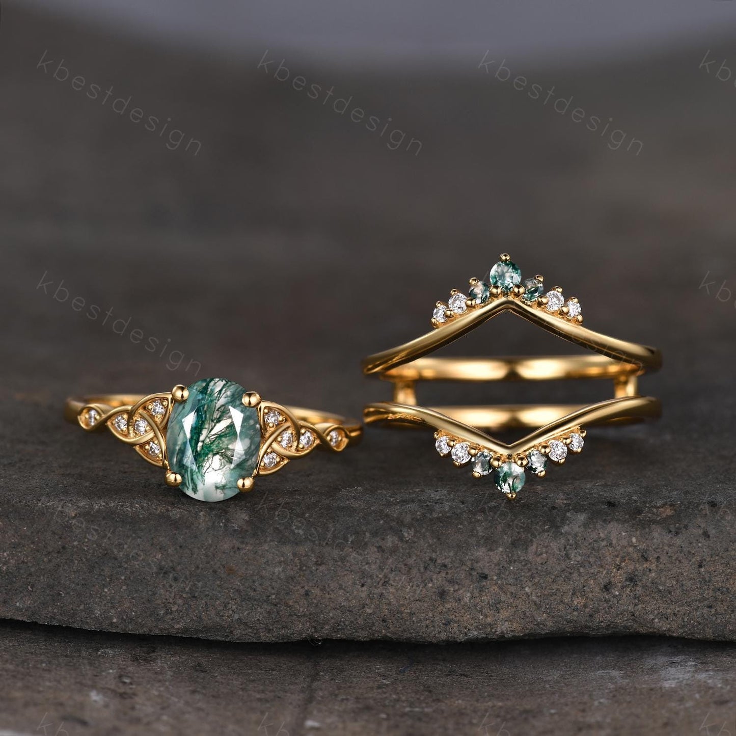 Vintage moss agate engagement ring set yellow gold double curved stacking wedding band unique celtic green agate ring oval cut bridal set