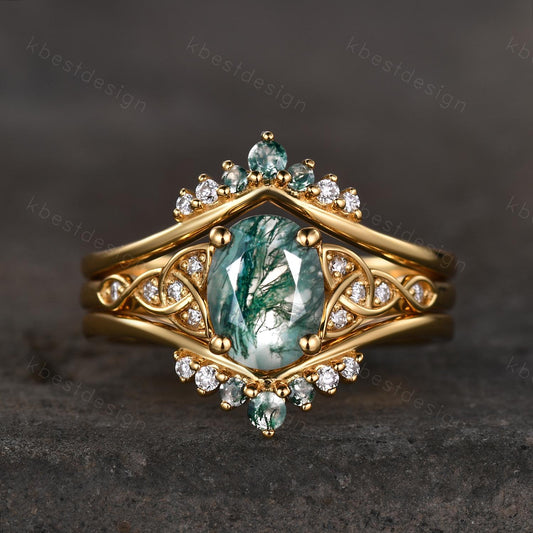 Vintage moss agate engagement ring set yellow gold double curved stacking wedding band unique celtic green agate ring oval cut bridal set