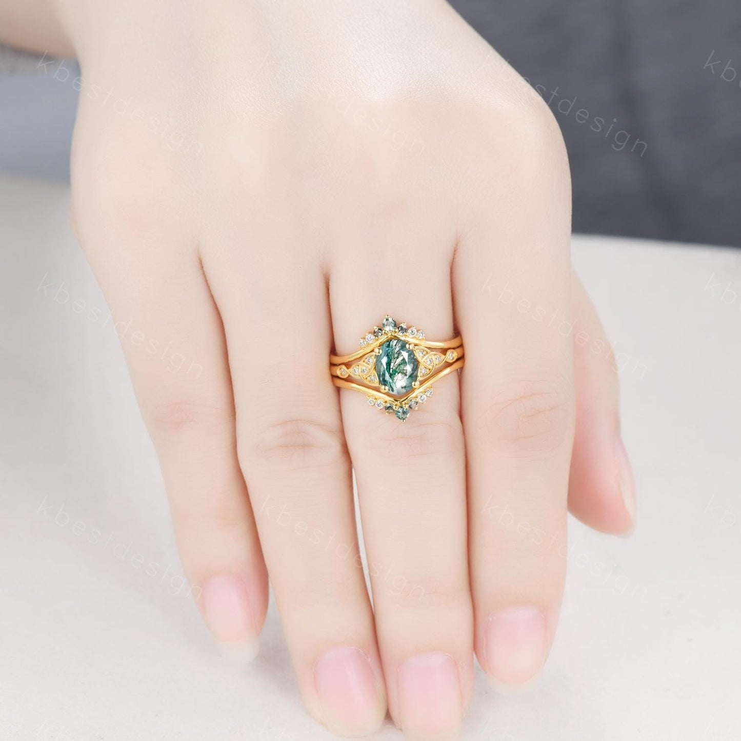 Vintage moss agate engagement ring set yellow gold double curved stacking wedding band unique celtic green agate ring oval cut bridal set
