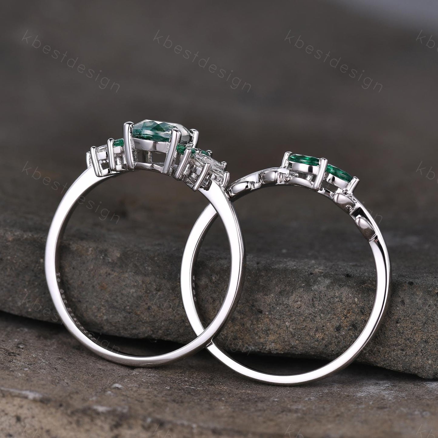 Vintage oval moss agate engagement ring set Curved emerald stacking band leaf style ring unique art deco bridal wedding ring set
