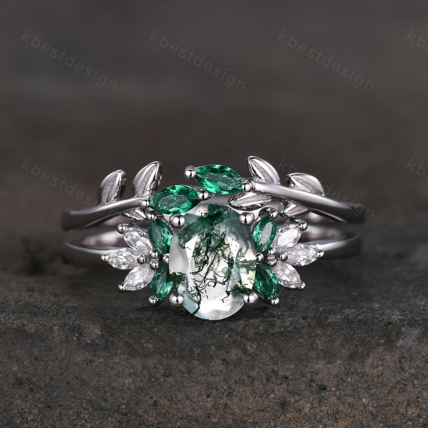 Vintage oval moss agate engagement ring set Curved emerald stacking band leaf style ring unique art deco bridal wedding ring set
