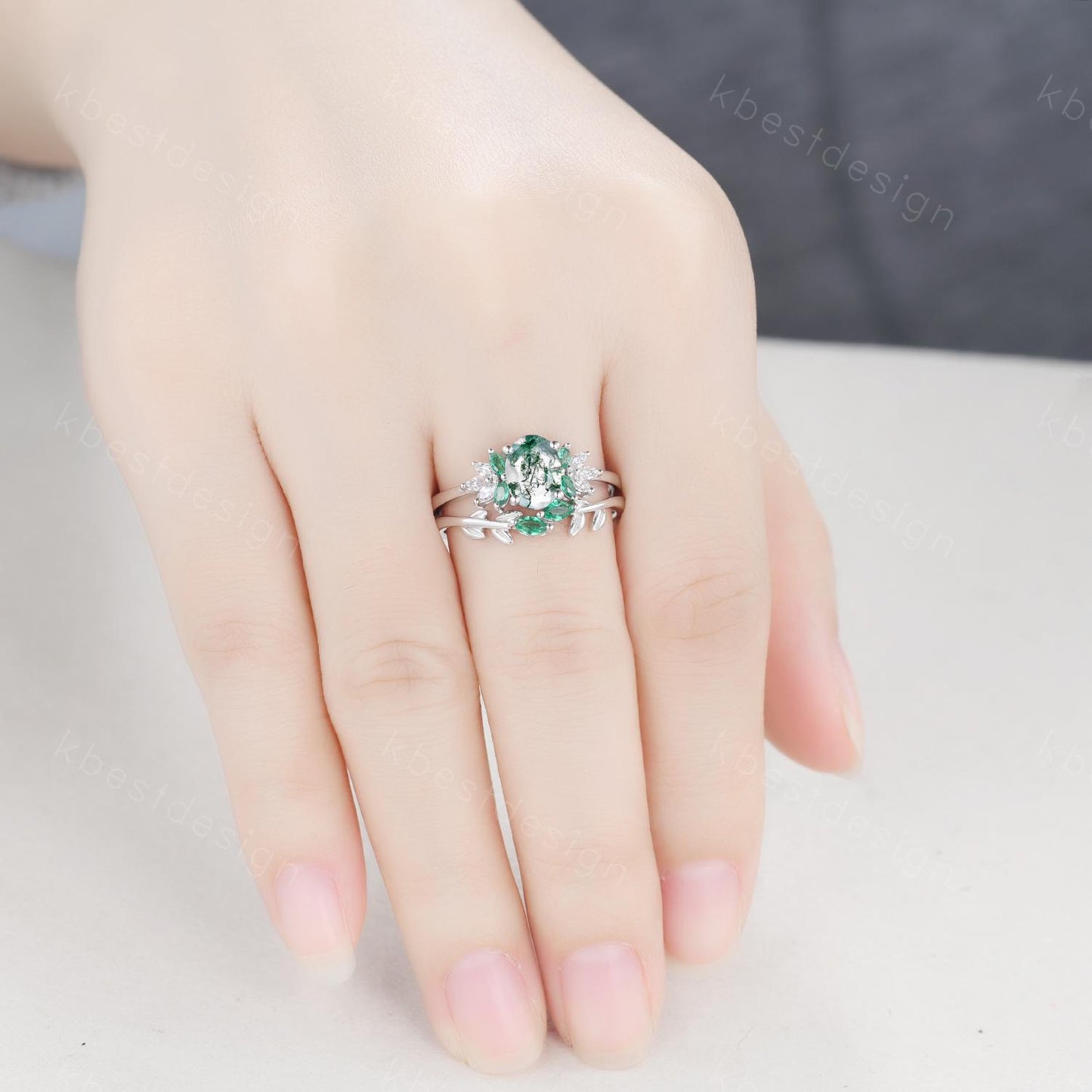 Vintage oval moss agate engagement ring set Curved emerald stacking band leaf style ring unique art deco bridal wedding ring set