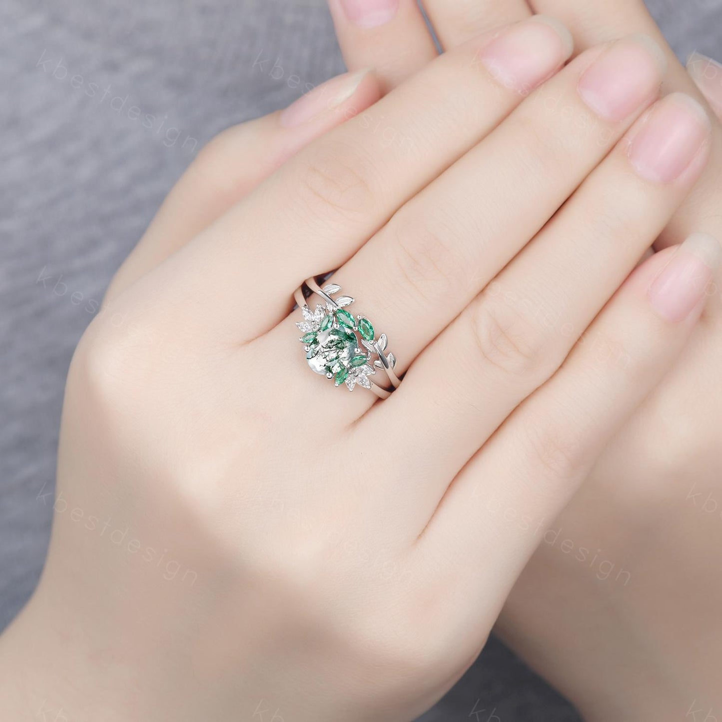 Vintage oval moss agate engagement ring set Curved emerald stacking band leaf style ring unique art deco bridal wedding ring set