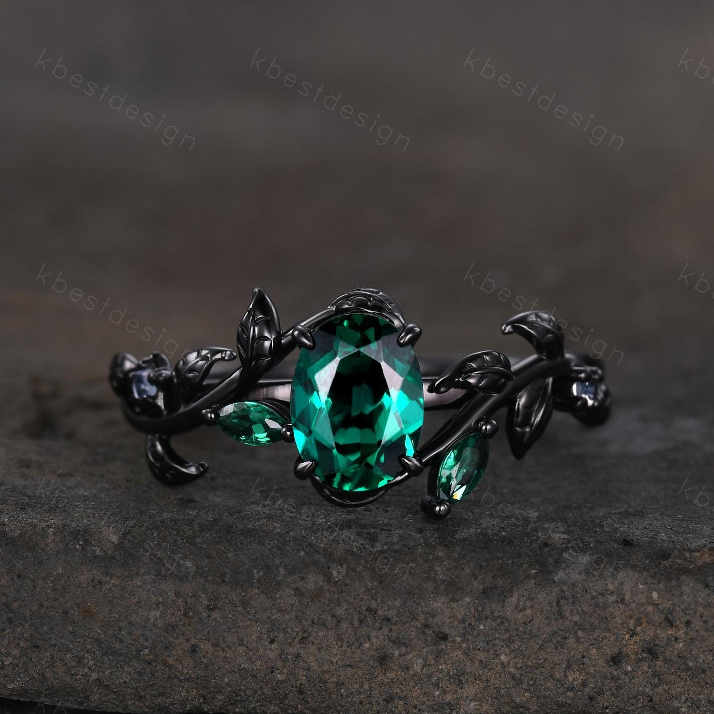 Vintage oval cut emerald engagement ring gothic black gold art deco emerald cluster ring nature inspired bridal promise ring for her