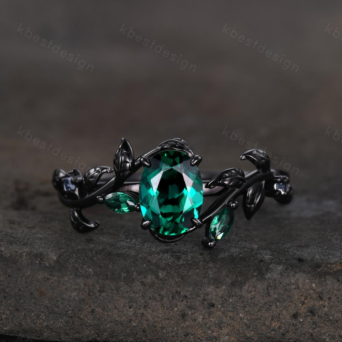 Vintage oval cut emerald engagement ring gothic black gold art deco emerald cluster ring nature inspired bridal promise ring for her
