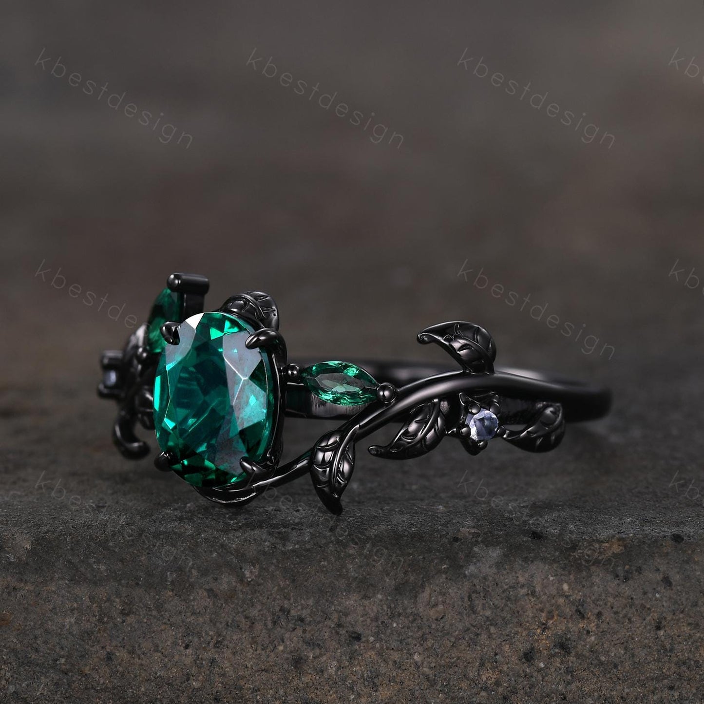 Vintage oval cut emerald engagement ring gothic black gold art deco emerald cluster ring nature inspired bridal promise ring for her