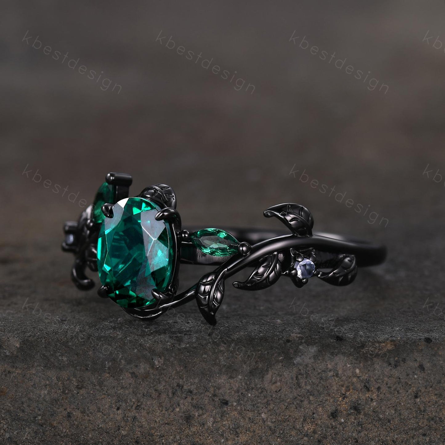Vintage oval cut emerald engagement ring gothic black gold art deco emerald cluster ring nature inspired bridal promise ring for her