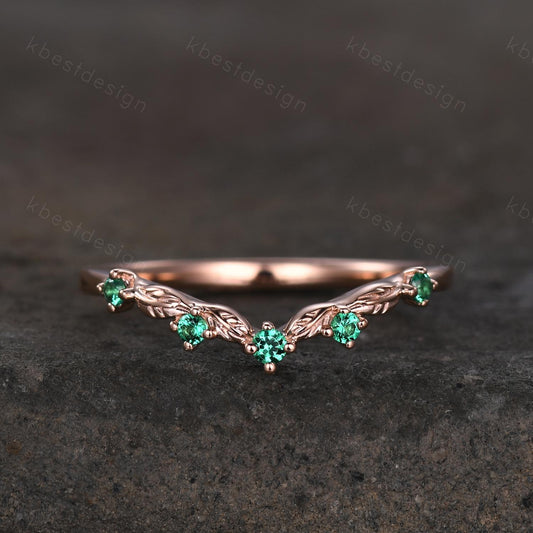 Vintage Curved Emerald Wedding Band Rose Gold Stacking Band Unique Leaf Style Matching Band for Women Nature Inspired Ring Anniversary Gift