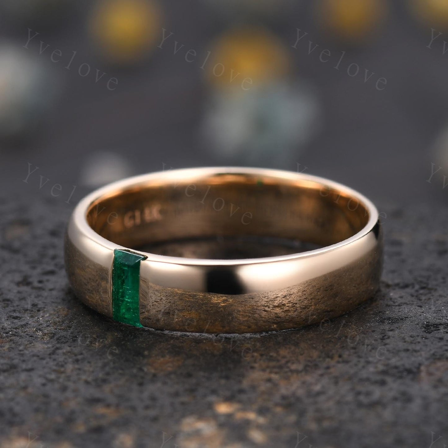Mens Green Emerald Wedding Band Baguette Cut Band 5mm Yellow Gold Ring Mens Solitaire Stacking Matching Band Retro Vintage Ring May Gift