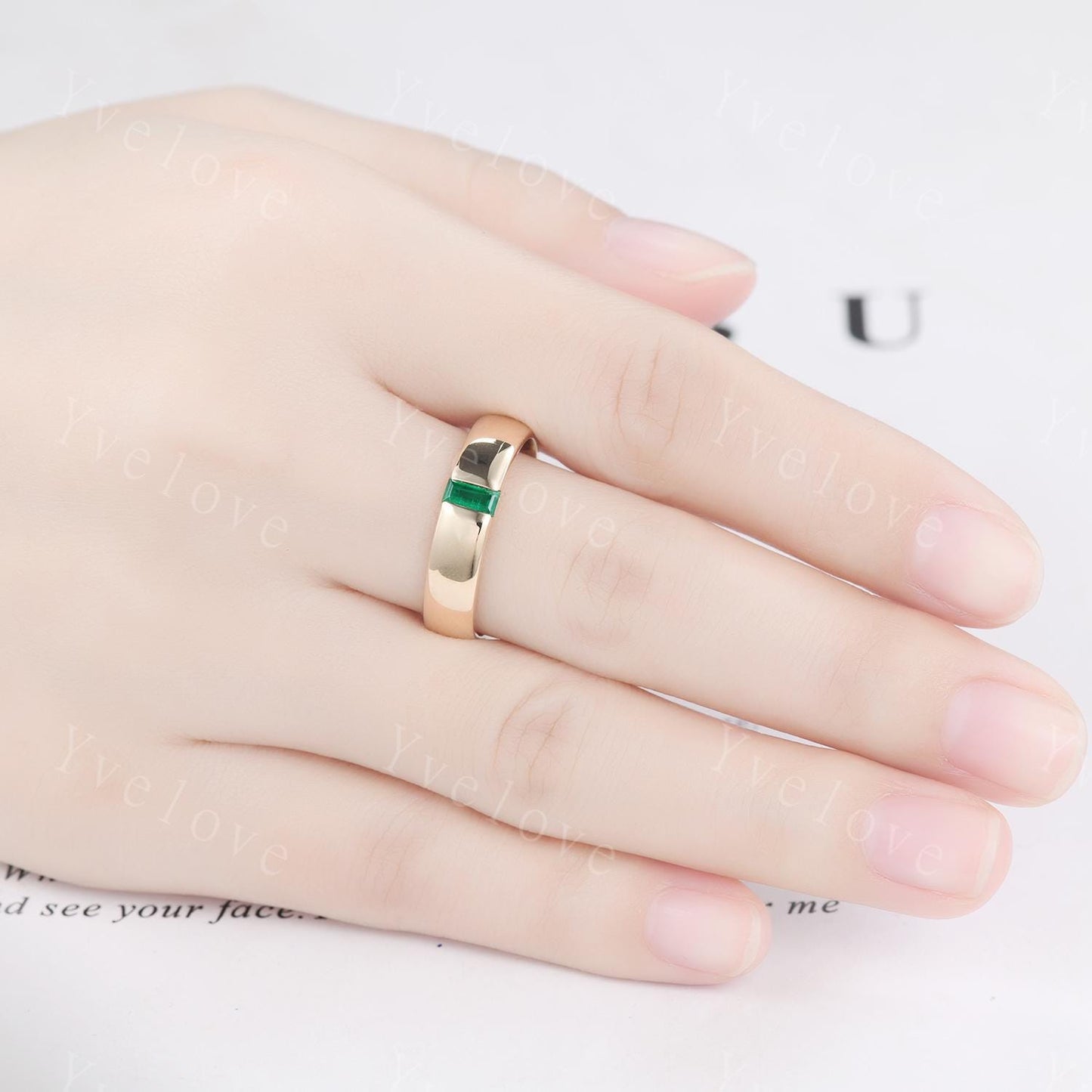 Mens Green Emerald Wedding Band Baguette Cut Band 5mm Yellow Gold Ring Mens Solitaire Stacking Matching Band Retro Vintage Ring May Gift