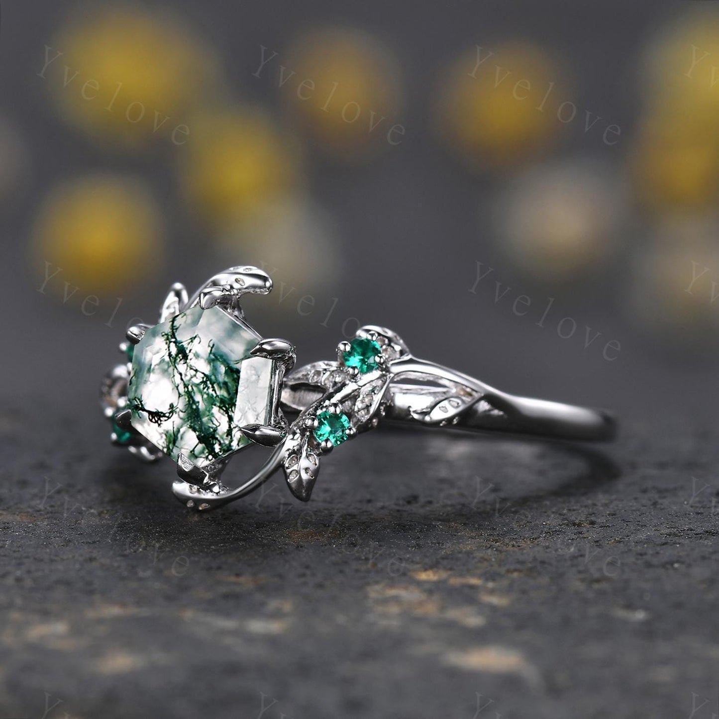 Unique Moss Agate Engagement Ring Handmade Hexagon Cut Moss Agate Ring Leaf Twig Nature Inspired Ring Anniversary Gift,Emerald Branches Ring