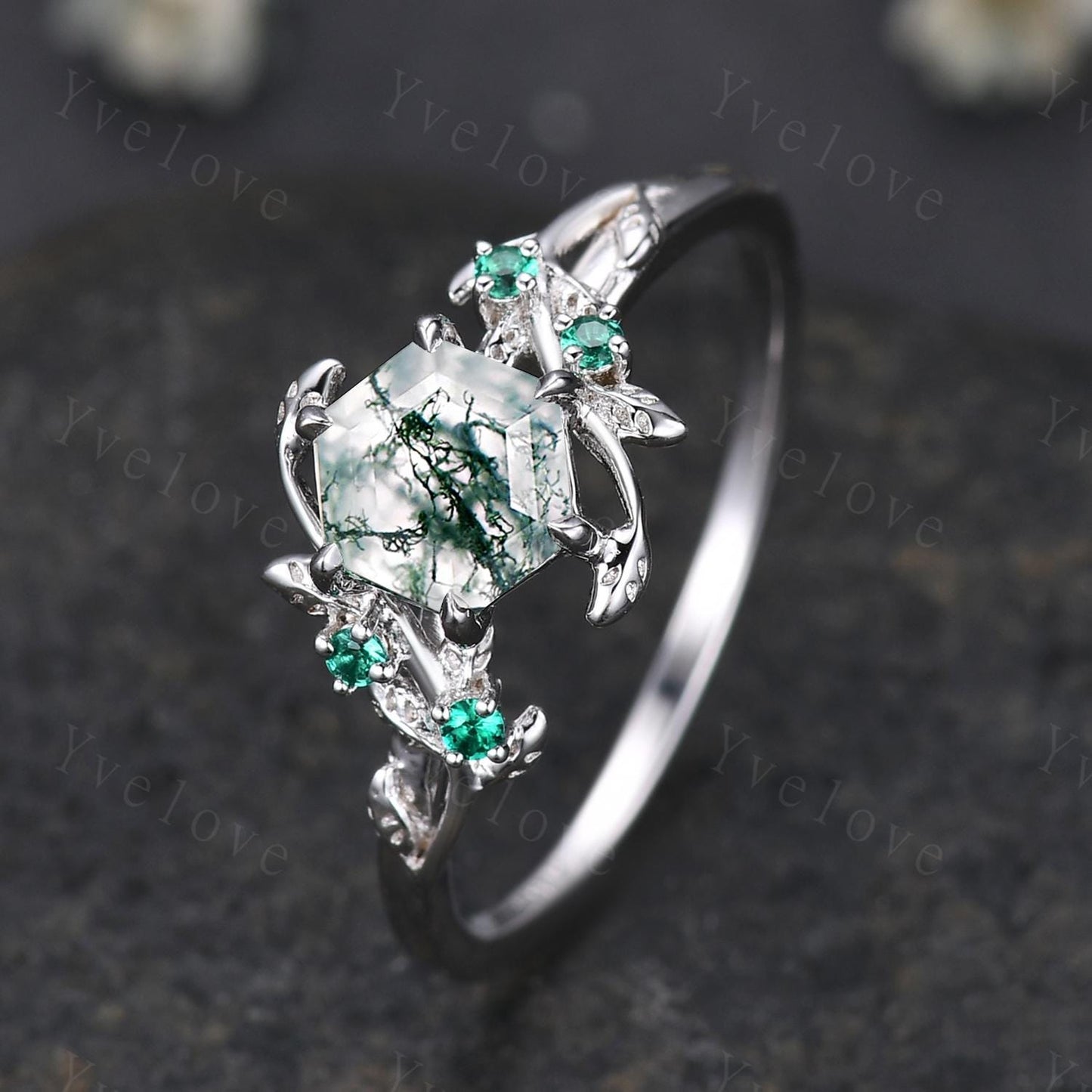 Unique Moss Agate Engagement Ring Handmade Hexagon Cut Moss Agate Ring Leaf Twig Nature Inspired Ring Anniversary Gift,Emerald Branches Ring