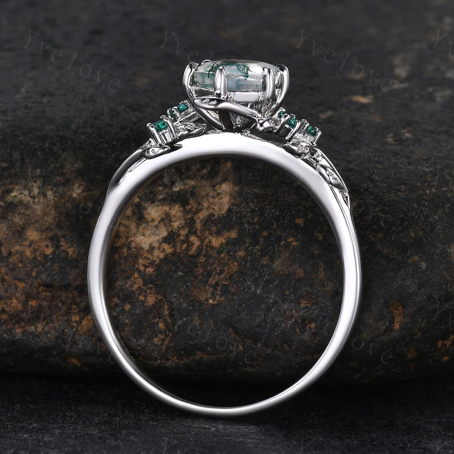 Unique Moss Agate Engagement Ring Handmade Hexagon Cut Moss Agate Ring Leaf Twig Nature Inspired Ring Anniversary Gift,Emerald Branches Ring