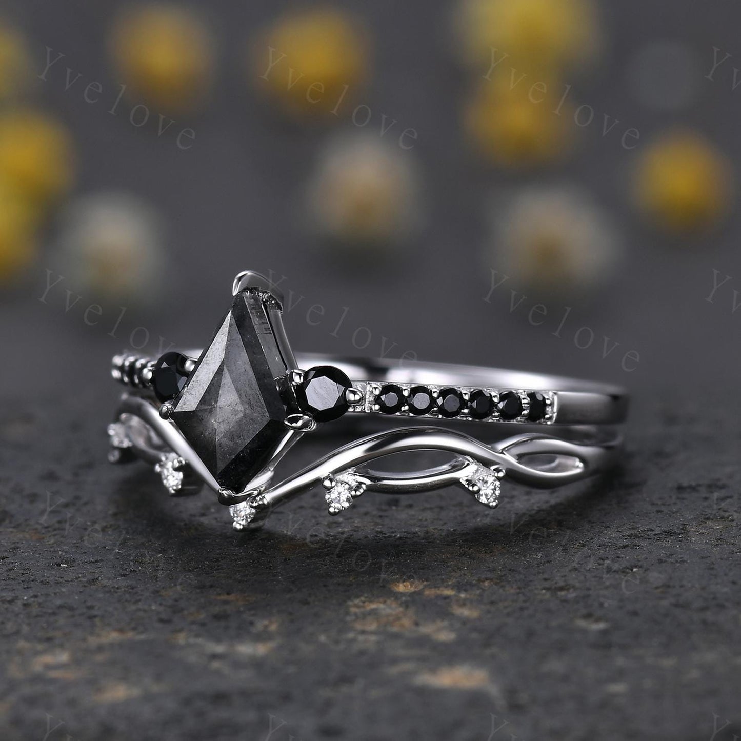 Dainty Kite Cut Salt and Pepper Diamond Engagement Ring Set Antique White Gold Ring Black Spinel Gems Bridal Set Promise Ring Handmade Gift