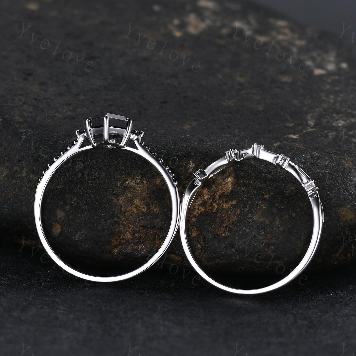 Dainty Kite Cut Salt and Pepper Diamond Engagement Ring Set Antique White Gold Ring Black Spinel Gems Bridal Set Promise Ring Handmade Gift