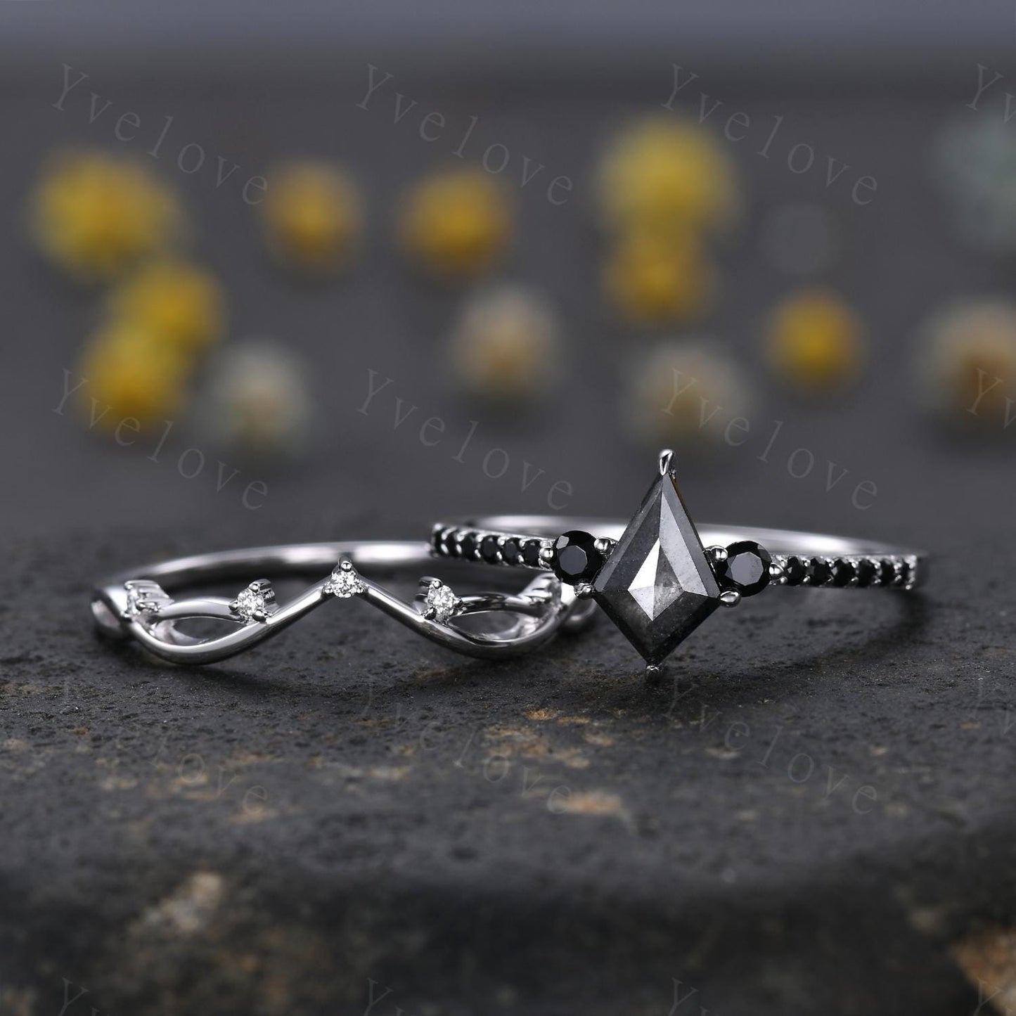 Dainty Kite Cut Salt and Pepper Diamond Engagement Ring Set Antique White Gold Ring Black Spinel Gems Bridal Set Promise Ring Handmade Gift