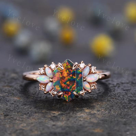 Vintage Hexagon Black Fire Opal engagement ring,Unique Marquise Opal Ring,Cluster Ring,Rose Gold,Women Bridal Wedding Band,Statement Ring