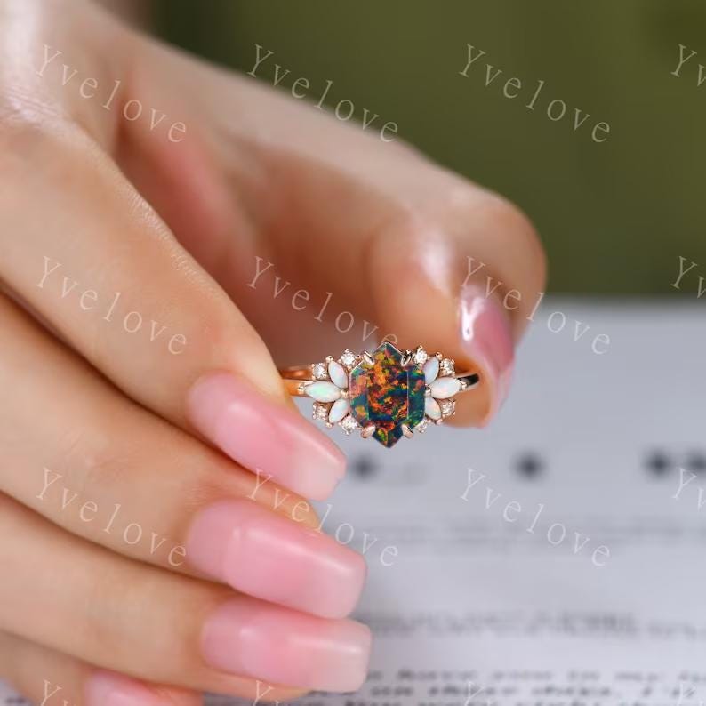 Vintage Hexagon Black Fire Opal engagement ring,Unique Marquise Opal Ring,Cluster Ring,Rose Gold,Women Bridal Wedding Band,Statement Ring