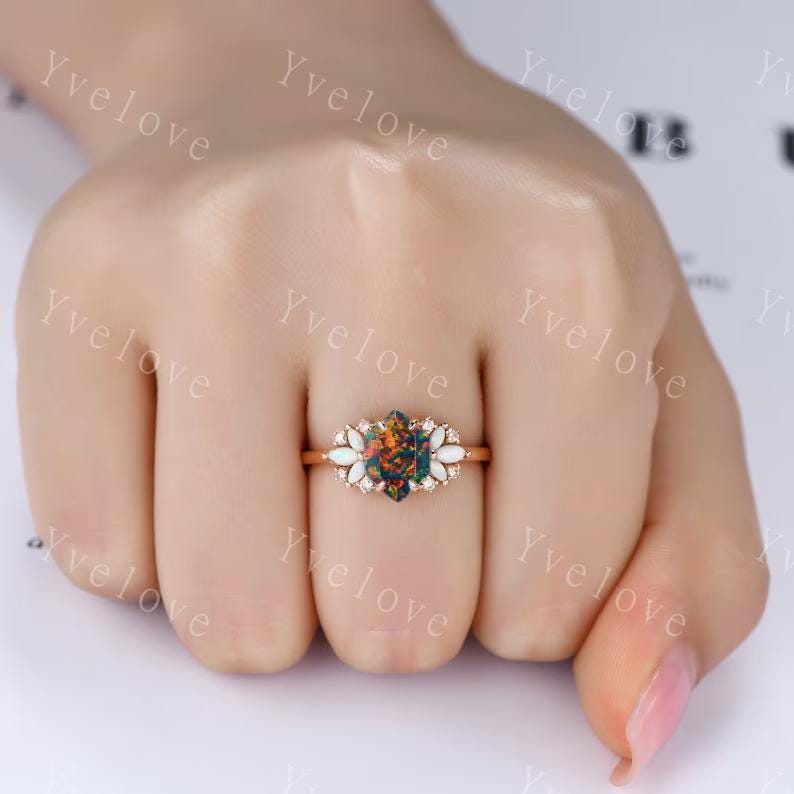 Vintage Hexagon Black Fire Opal engagement ring,Unique Marquise Opal Ring,Cluster Ring,Rose Gold,Women Bridal Wedding Band,Statement Ring