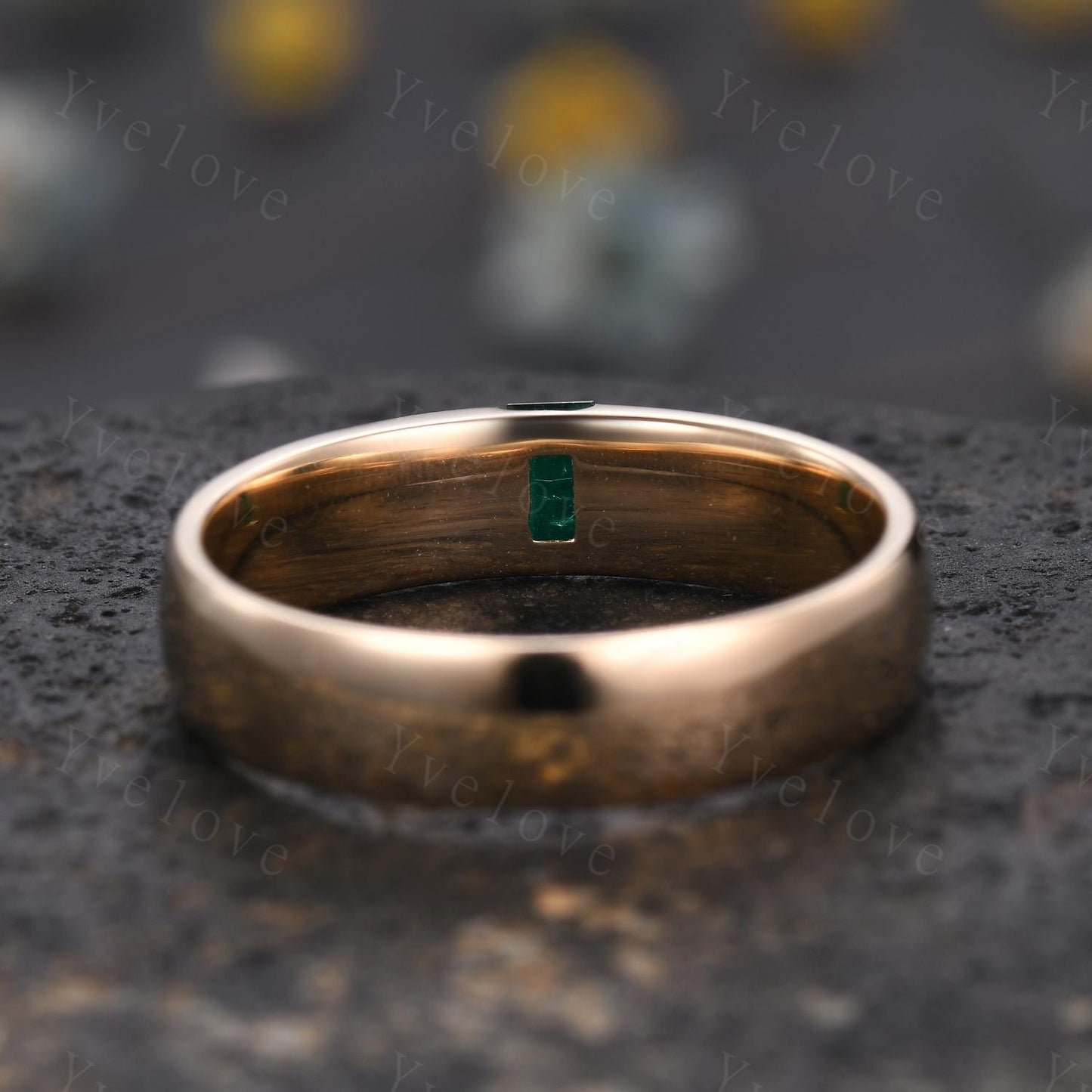 Mens Green Emerald Wedding Band Baguette Cut Band 5mm White Gold Ring Mens Solitaire Stacking Matching Band Retro Vintage Ring May Gift