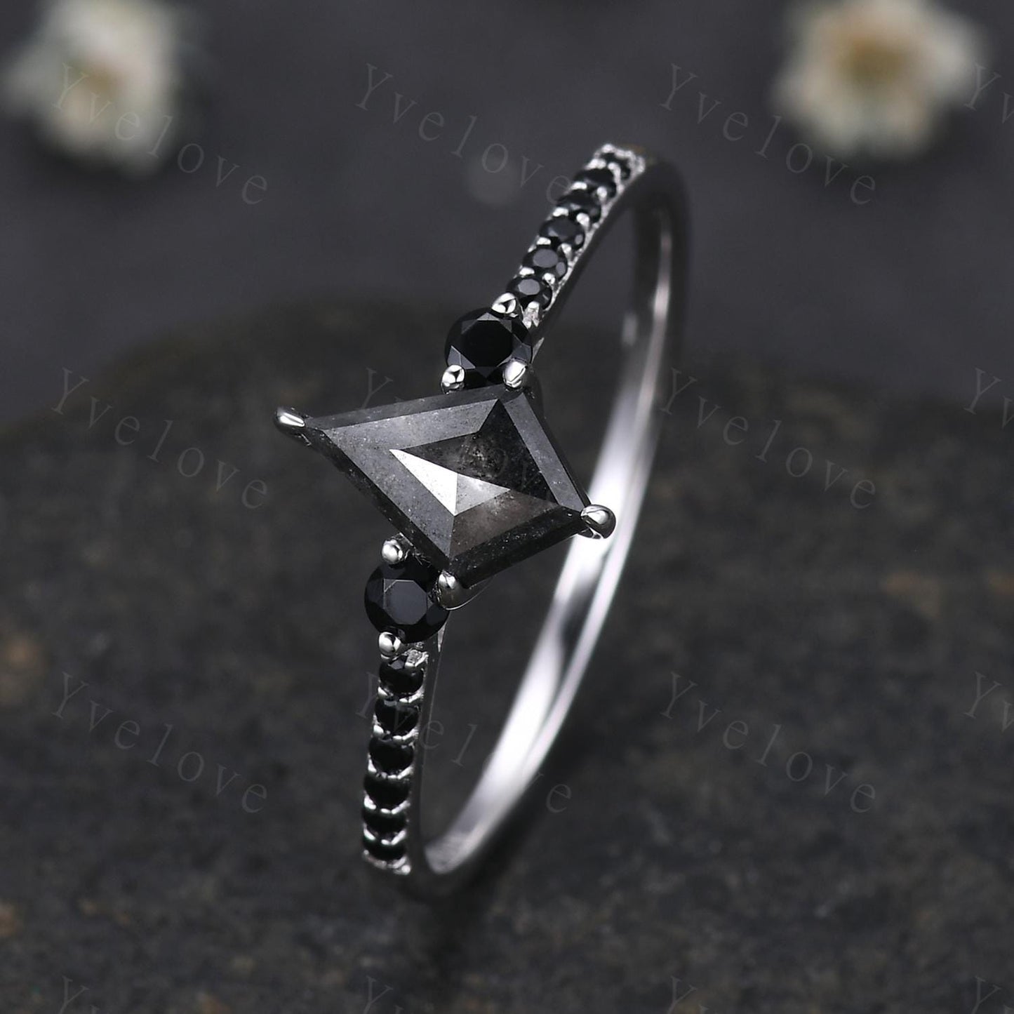 Dainty Kite Cut Salt and Pepper Diamond Engagement Ring Antique 14k White Gold Ring Black Spinel Gems Bridal Ring Promise Ring Handmade Gift