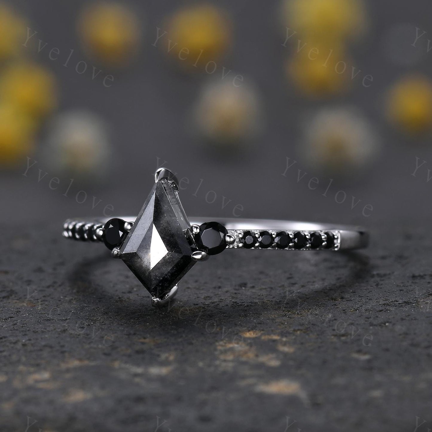 Dainty Kite Cut Salt and Pepper Diamond Engagement Ring Antique 14k White Gold Ring Black Spinel Gems Bridal Ring Promise Ring Handmade Gift