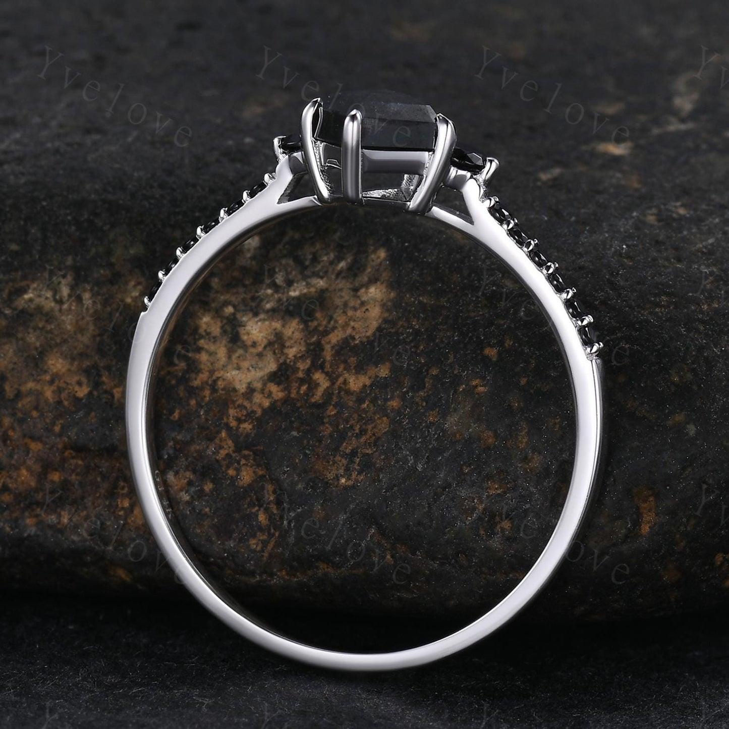 Dainty Kite Cut Salt and Pepper Diamond Engagement Ring Antique 14k White Gold Ring Black Spinel Gems Bridal Ring Promise Ring Handmade Gift