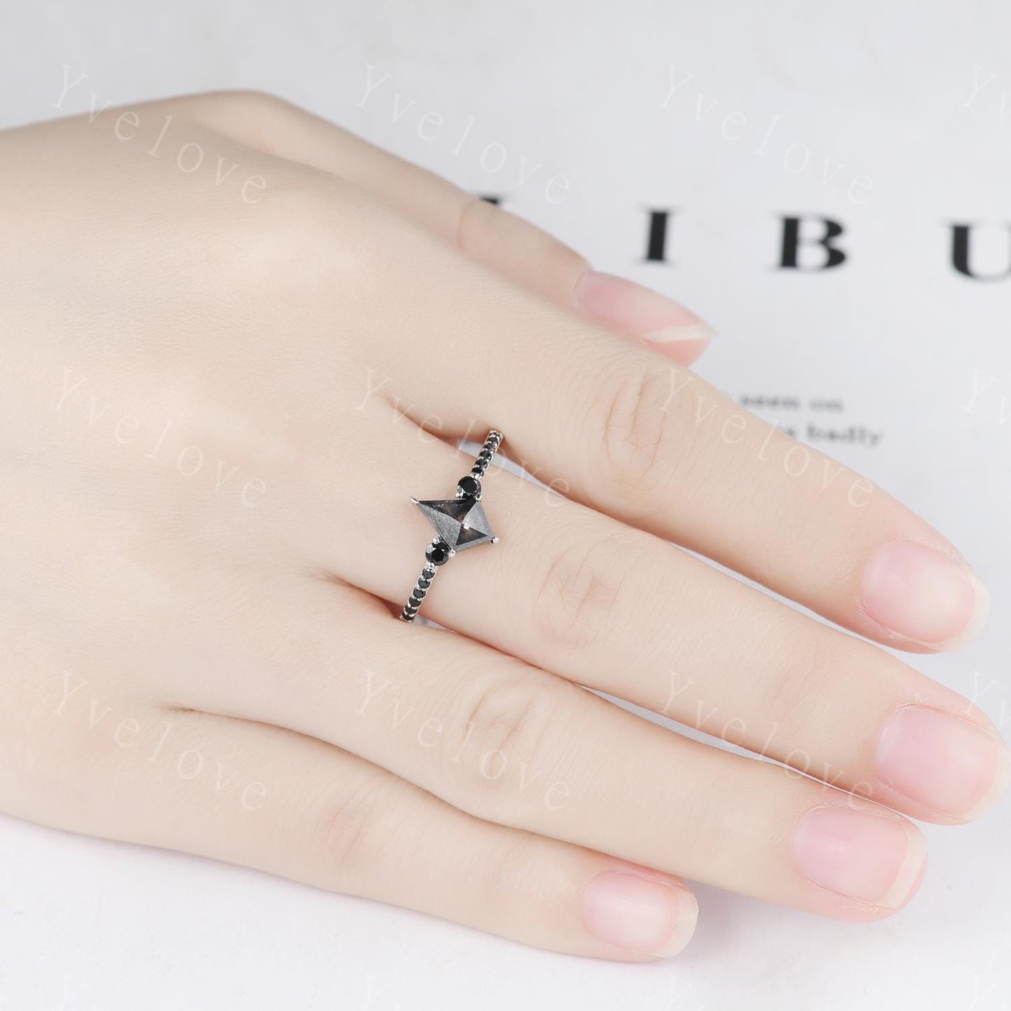Dainty Kite Cut Salt and Pepper Diamond Engagement Ring Antique 14k White Gold Ring Black Spinel Gems Bridal Ring Promise Ring Handmade Gift