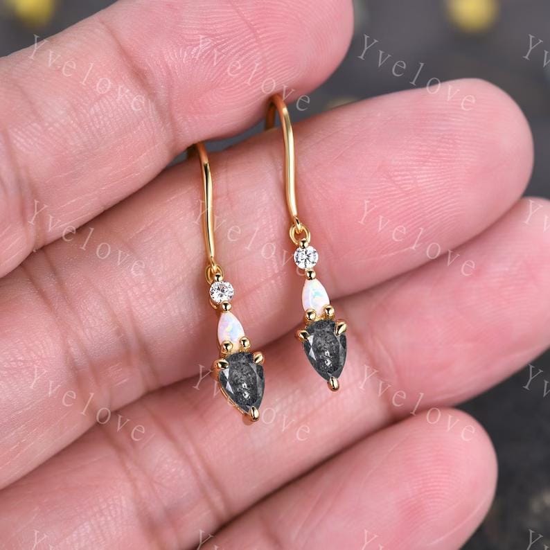 Unique Salt and Pepper Diamond Opal Earrings,Pear Cut Gems,Art Deco Diamond Delicate Dainty Earrings,3 Stone Minimalist Women Gift for Her