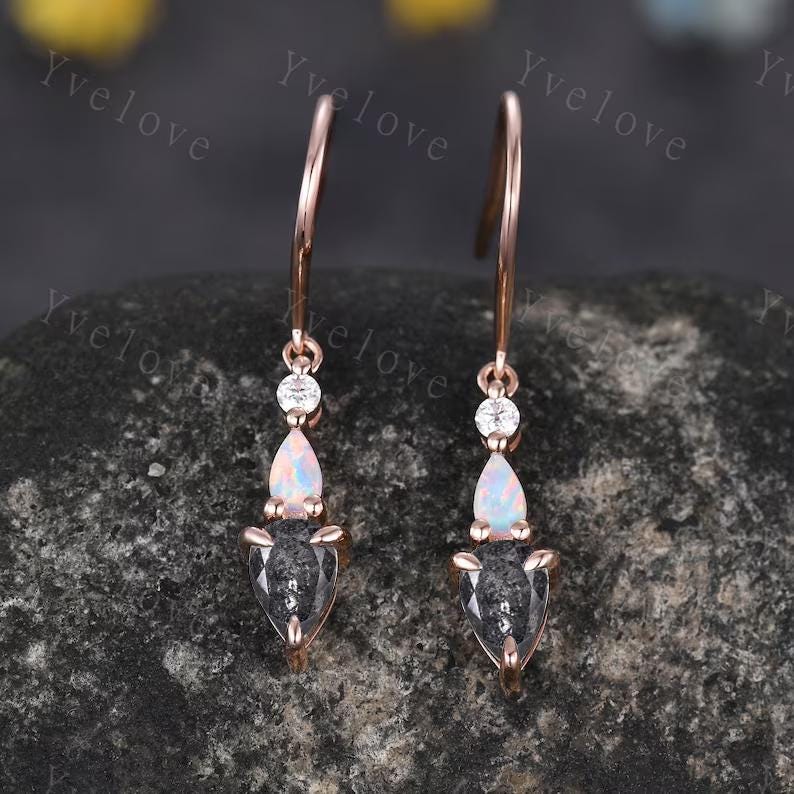Unique Salt and Pepper Diamond Opal Earrings,Pear Cut Gems,Art Deco Diamond Delicate Dainty Earrings,3 Stone Minimalist Women Gift for Her