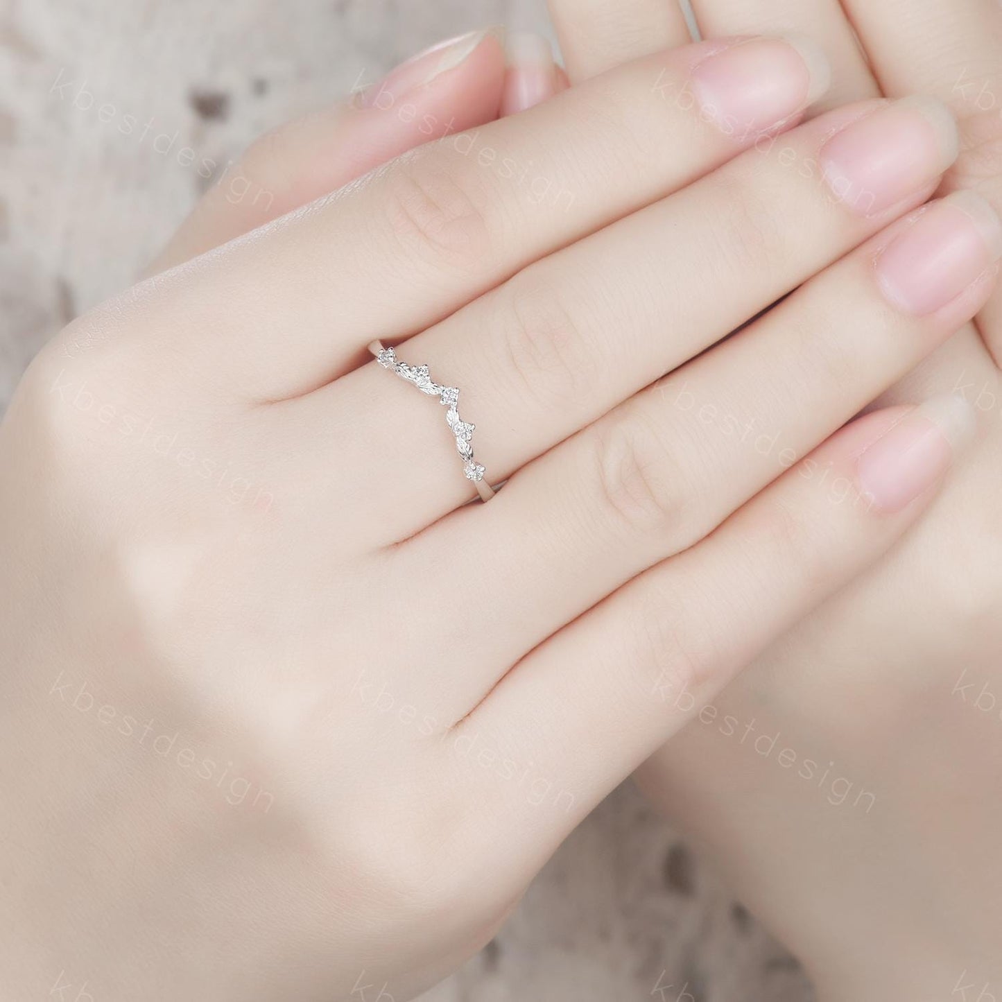 Unique Curved Moissanite Wedding Band Women Sterling Silver Ring Nature Leaf Style Stacking Matching Band Bridal Anniversary Ring