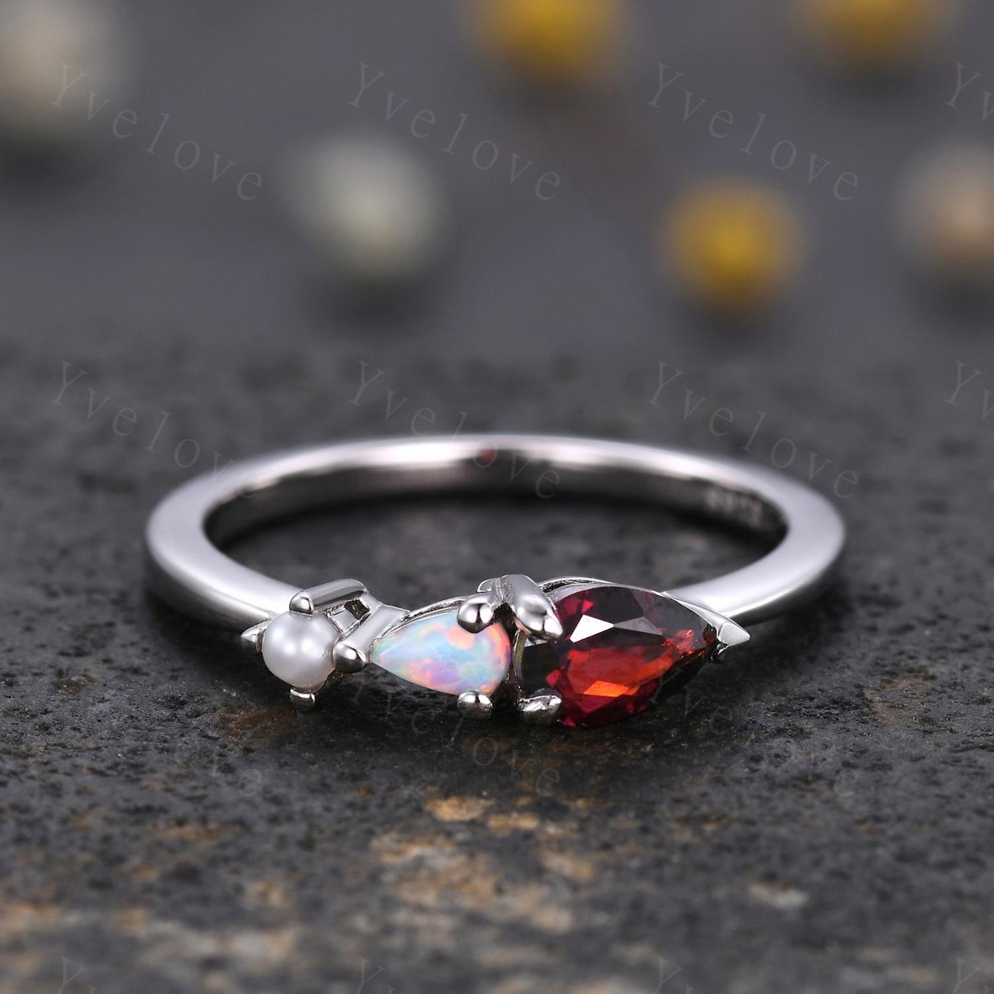 Vintage Red Garnet Opal Engagement Ring,Pear Cut Gems,Art Deco Pearl Wedding Band,3 Stone Unique Women Bridal Promise Ring,925 Silver Ring