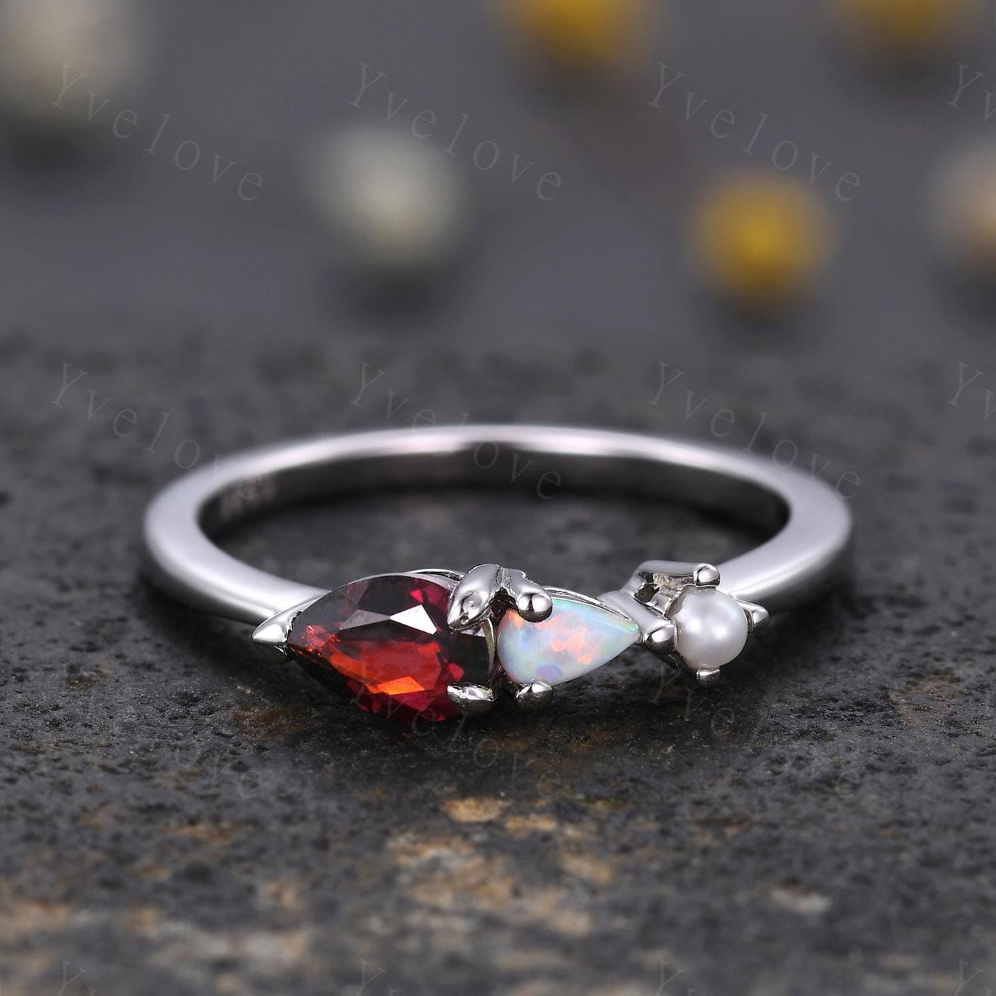 Vintage Red Garnet Opal Engagement Ring,Pear Cut Gems,Art Deco Pearl Wedding Band,3 Stone Unique Women Bridal Promise Ring,925 Silver Ring