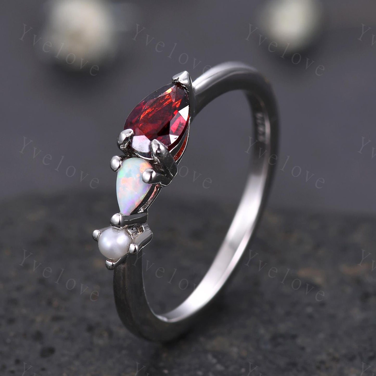 Vintage Red Garnet Opal Engagement Ring,Pear Cut Gems,Art Deco Pearl Wedding Band,3 Stone Unique Women Bridal Promise Ring,925 Silver Ring