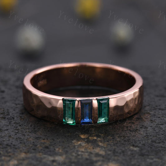 Retro Mens Baguette Sapphire Emerald Wedding Band 5mm Hammered Band Rose Gold Ring Men Stack Matching Band Family Birthstone Gift For Him