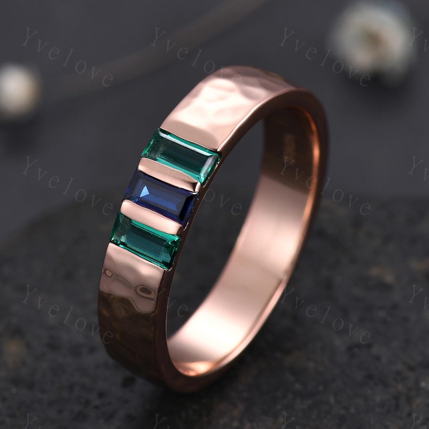 Retro Mens Baguette Sapphire Emerald Wedding Band 5mm Hammered Band Platinum Ring Men Stackable Matching Band Family Birthstone Gift For Him