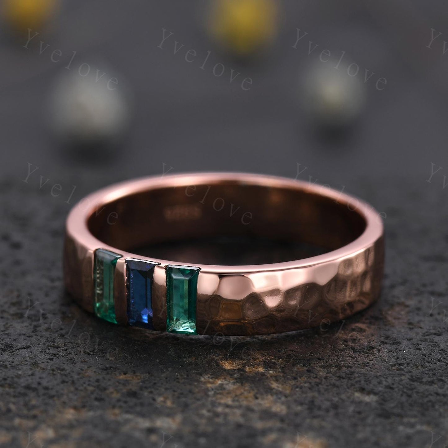 Retro Mens Baguette Sapphire Emerald Wedding Band 5mm Hammered Band Platinum Ring Men Stackable Matching Band Family Birthstone Gift For Him