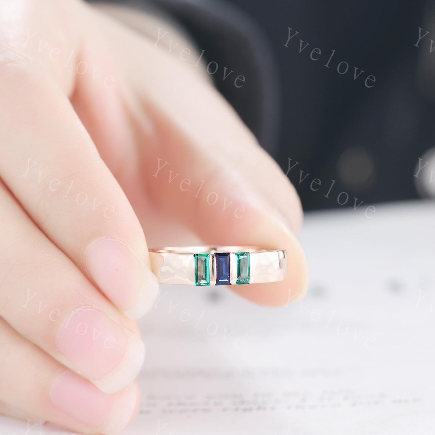 Retro Mens Baguette Sapphire Emerald Wedding Band 5mm Hammered Band Rose Gold Ring Men Stack Matching Band Family Birthstone Gift For Him