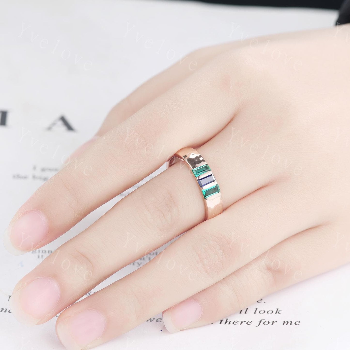 Retro Mens Baguette Sapphire Emerald Wedding Band 5mm Hammered Band Rose Gold Ring Men Stack Matching Band Family Birthstone Gift For Him