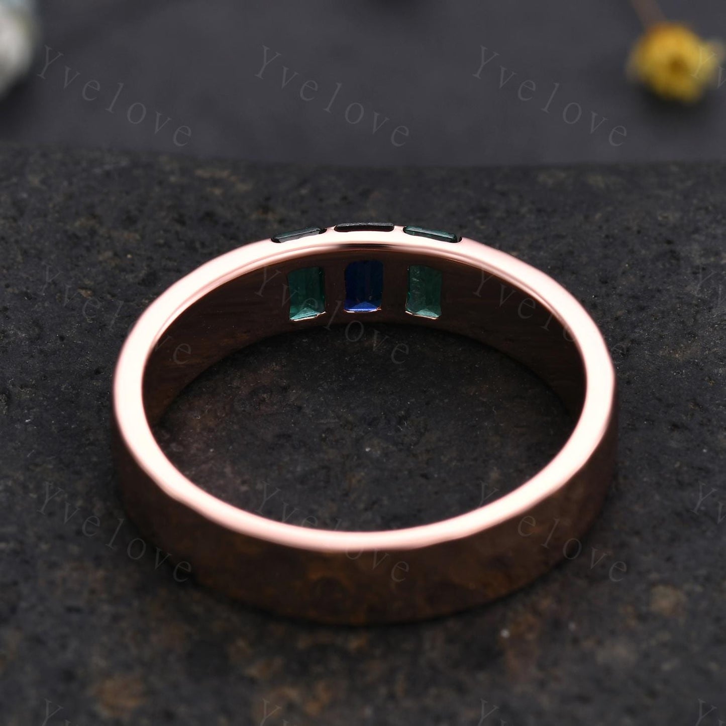 Retro Mens Baguette Sapphire Emerald Wedding Band 5mm Hammered Band Rose Gold Ring Men Stack Matching Band Family Birthstone Gift For Him