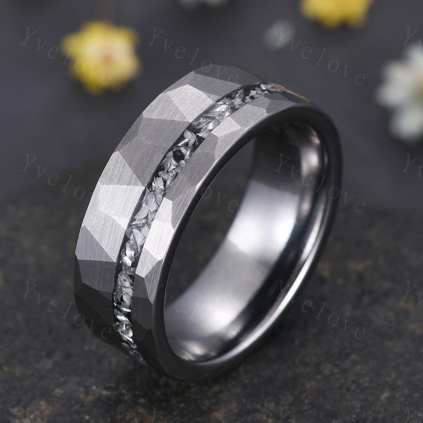 Hexagon Blue Onyx Couples Ring Set,Meteorite Ring,His and Hers Wedding Band,Mens Tungsten Silver Couple Rings Anniversary Gift Promise Ring