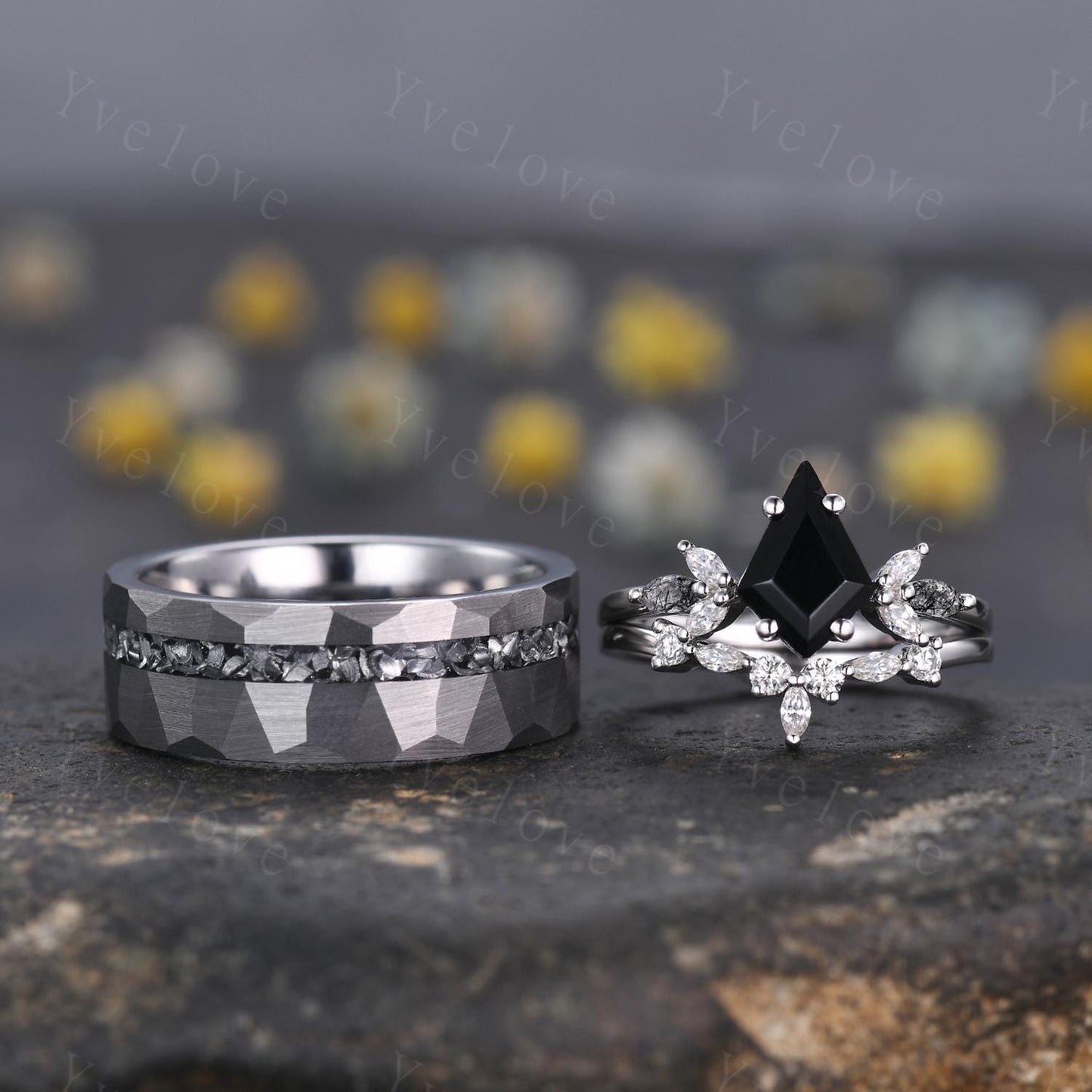 Hexagon Blue Onyx Couples Ring Set,Meteorite Ring,His and Hers Wedding Band,Mens Tungsten Silver Couple Rings Anniversary Gift Promise Ring