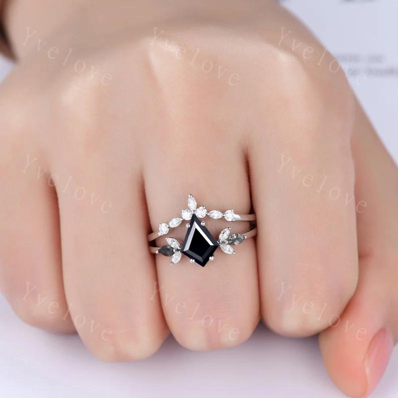 Hexagon Blue Onyx Couples Ring Set,Meteorite Ring,His and Hers Wedding Band,Mens Tungsten Silver Couple Rings Anniversary Gift Promise Ring