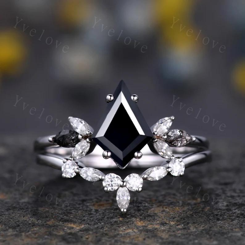 Hexagon Blue Onyx Couples Ring Set,Meteorite Ring,His and Hers Wedding Band,Mens Tungsten Silver Couple Rings Anniversary Gift Promise Ring