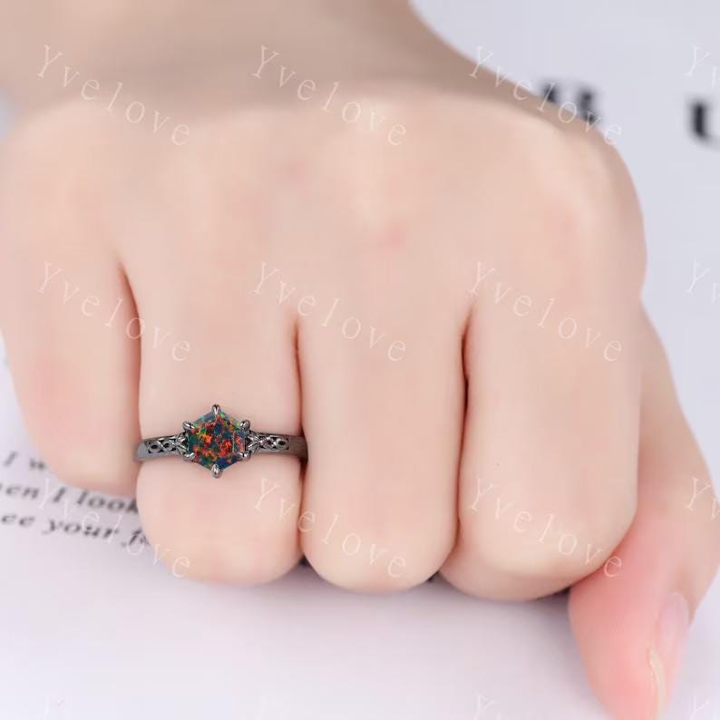 Hexagon Shaped Black Fire Opal Engagement Ring Set Black Silver Band Vintage Opal Wedding Ring Enhancer Band Art Deco Bridal Set For Women
