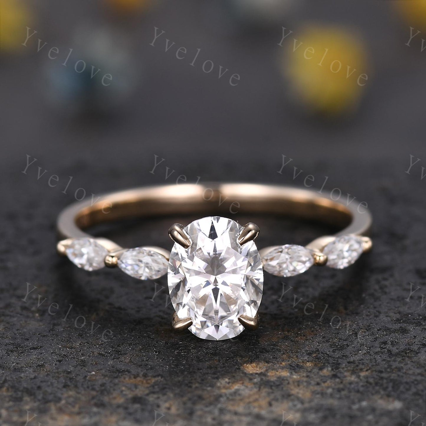 Oval moissanite engagement ring art deco moissanite wedding band women 14k rose gold bridal ring anniversary gift custom jewelry