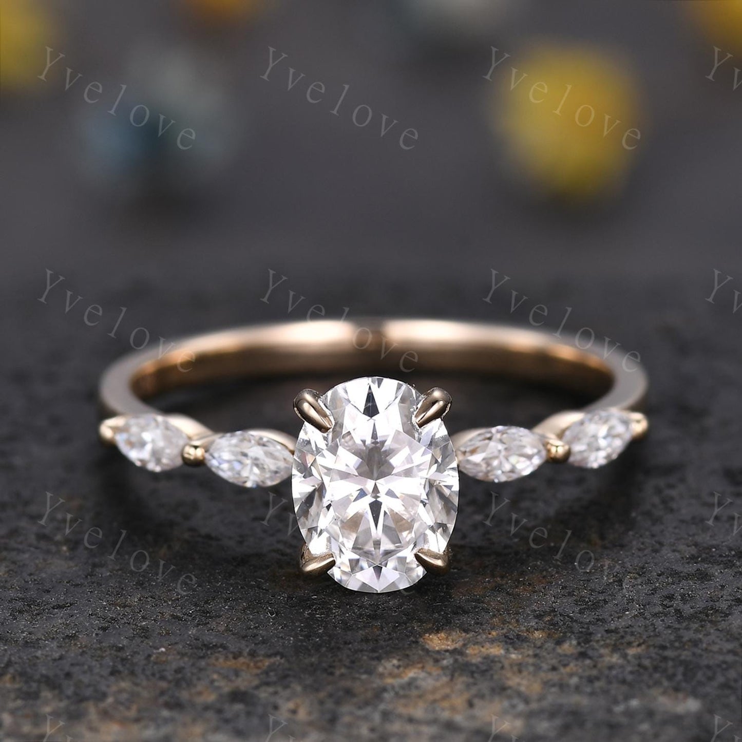 Oval moissanite engagement ring art deco moissanite wedding band women 14k yellow gold bridal ring anniversary gift custom jewelry for  her