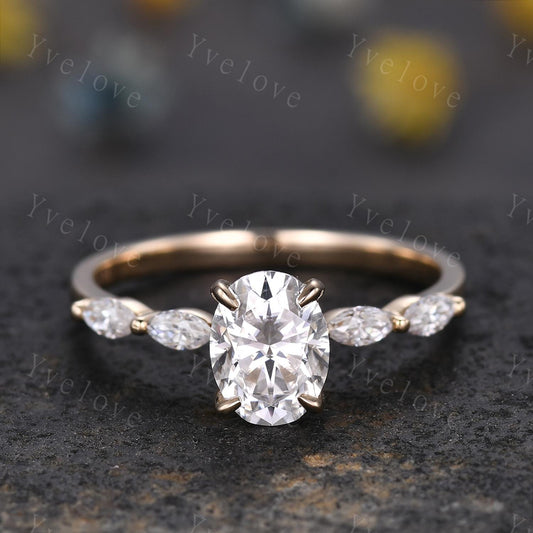 Oval moissanite engagement ring art deco moissanite wedding band women 14k yellow gold bridal ring anniversary gift custom jewelry for  her