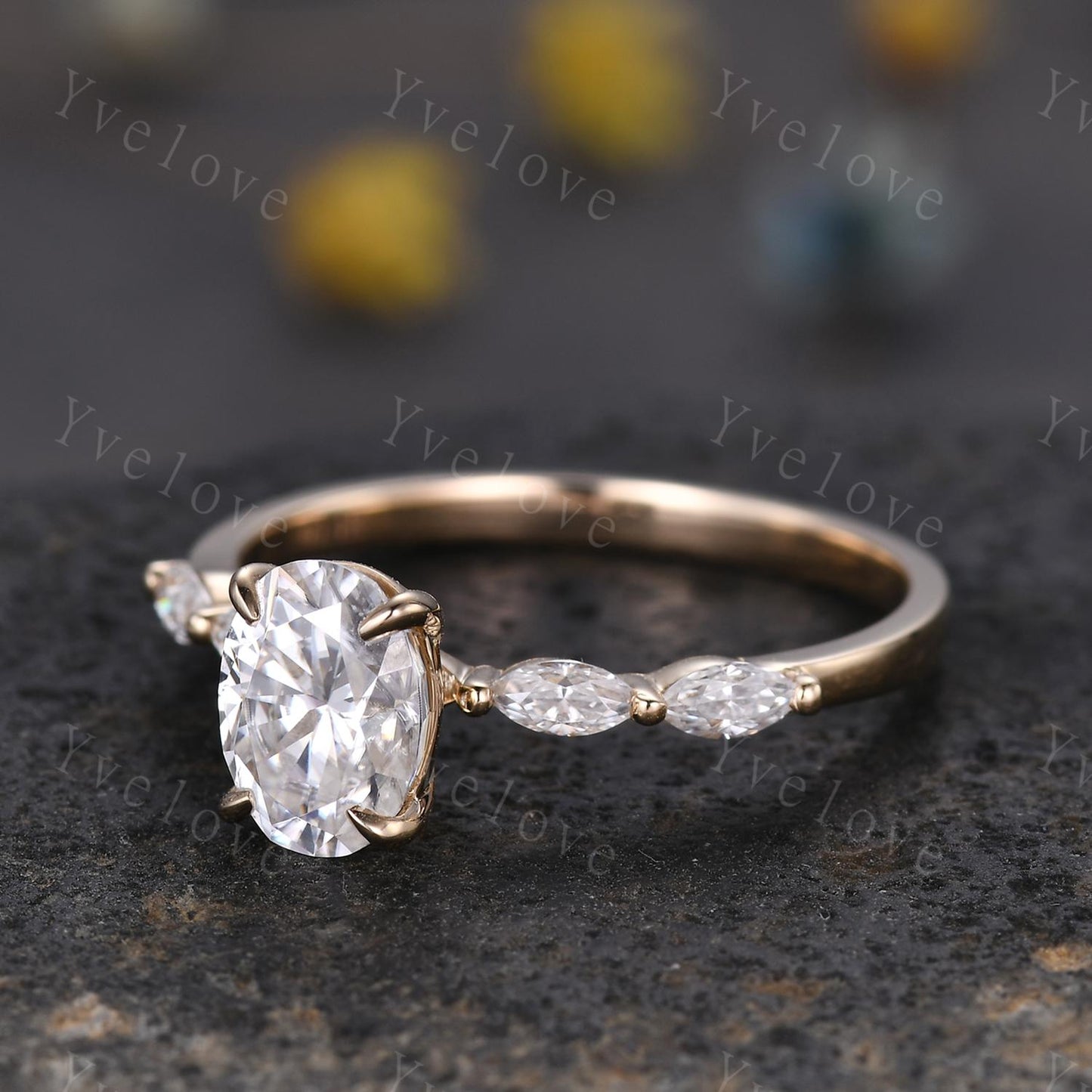 Oval moissanite engagement ring art deco moissanite wedding band women 14k yellow gold bridal ring anniversary gift custom jewelry for  her