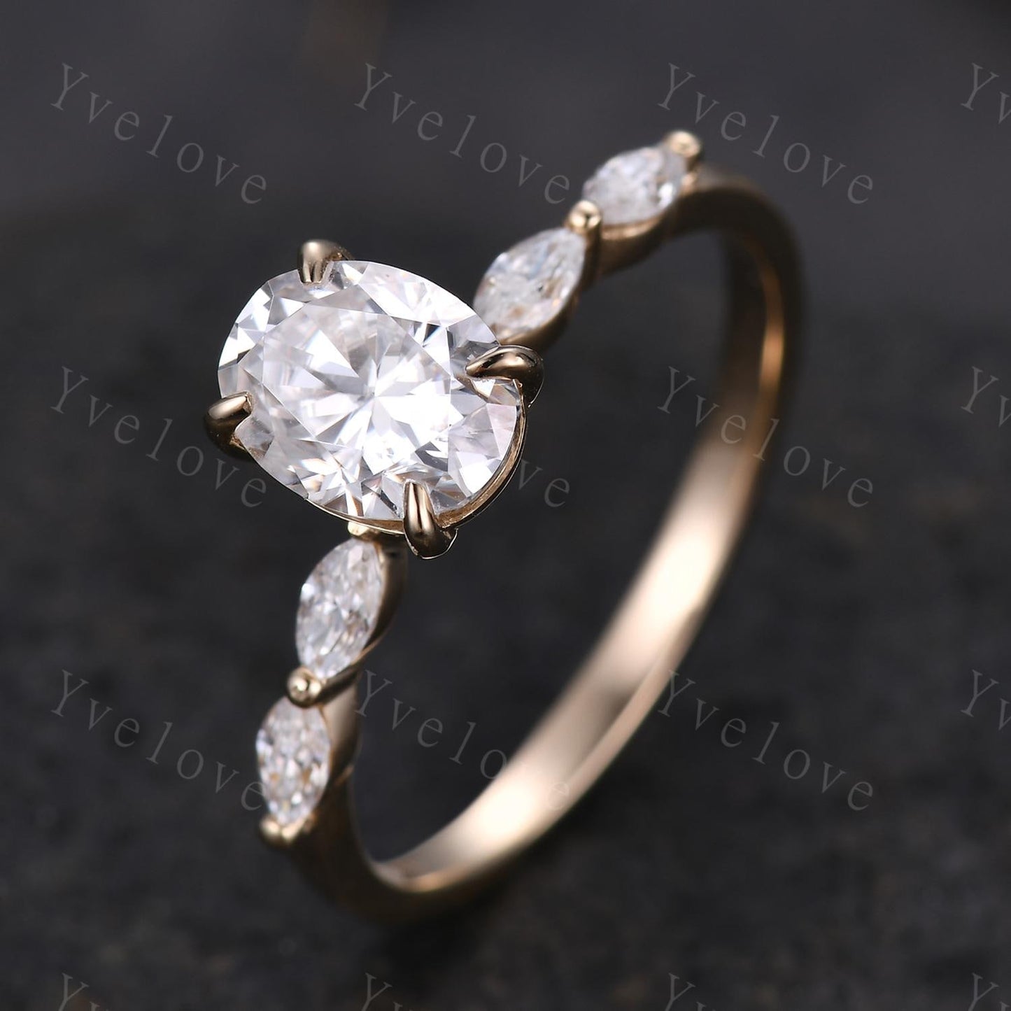 Oval moissanite engagement ring art deco moissanite wedding band women 14k yellow gold bridal ring anniversary gift custom jewelry for  her